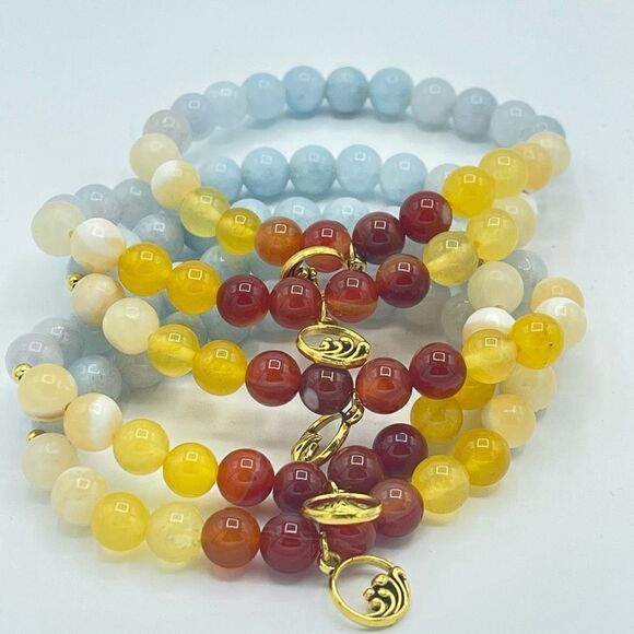 Ocean wave carnelian yellow agate honey calcite aquamarine beaded stretch bracel - Picture 5 of 16